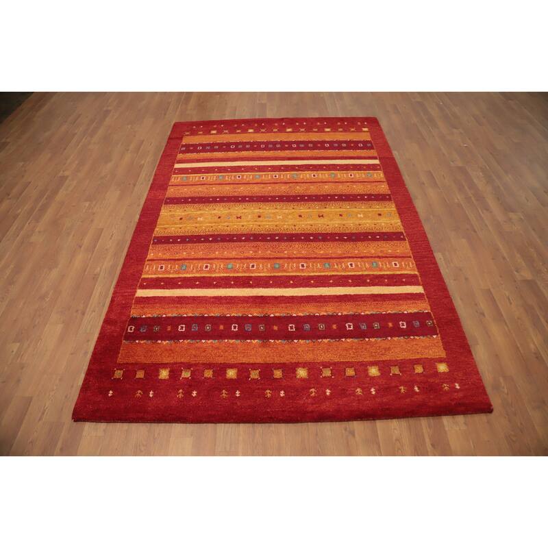 Hand Knotted Oriental 100% Wool Carpet Modern Stripe Oranges & Rust Gabbeh Area Rug - 7' 8'' X 5' 3''