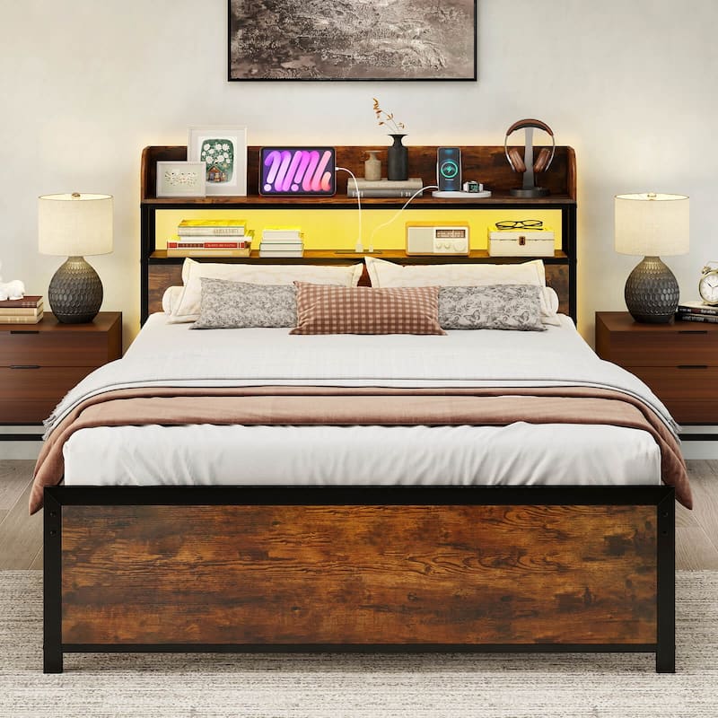 Coatway Full/Queen/King Bed Frame with LED Lights Power Outlets