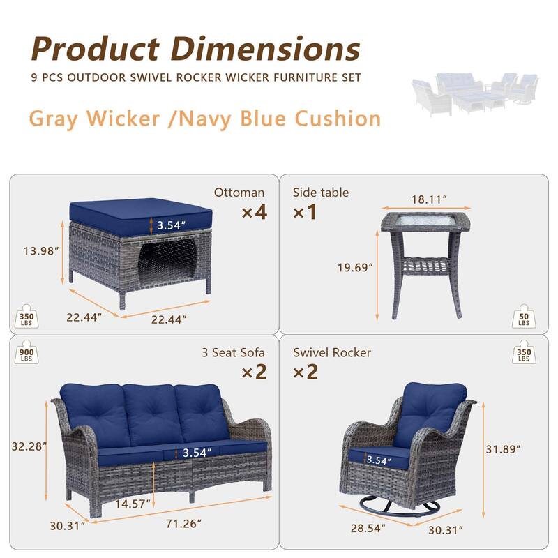 9 Piece Outdoor Wicker Patio Conversation Swivel Chairs Furniture Sets