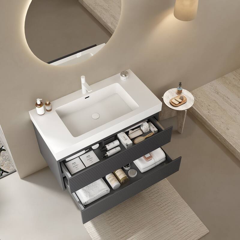 Plywood Wall-Mounted Bathroom Vanity Set in Grey with Integrated Acrylic Sink