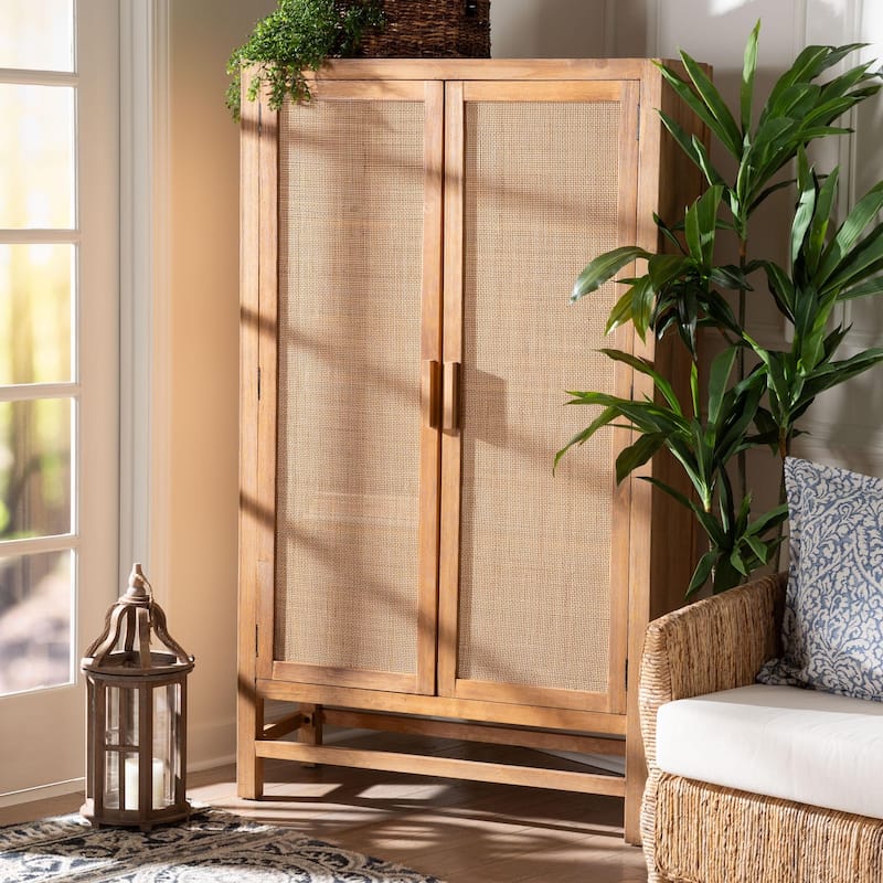 Sibu Storage Cabinet with Rattan Doors - Tall Accent Cabinet with Double Doors and Four Interior Shelves