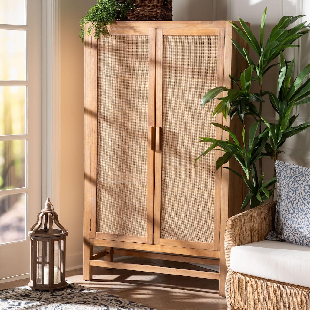 Sibu Storage Cabinet with Rattan Doors - Tall Accent Cabinet with Double Doors and Four Interior Shelves