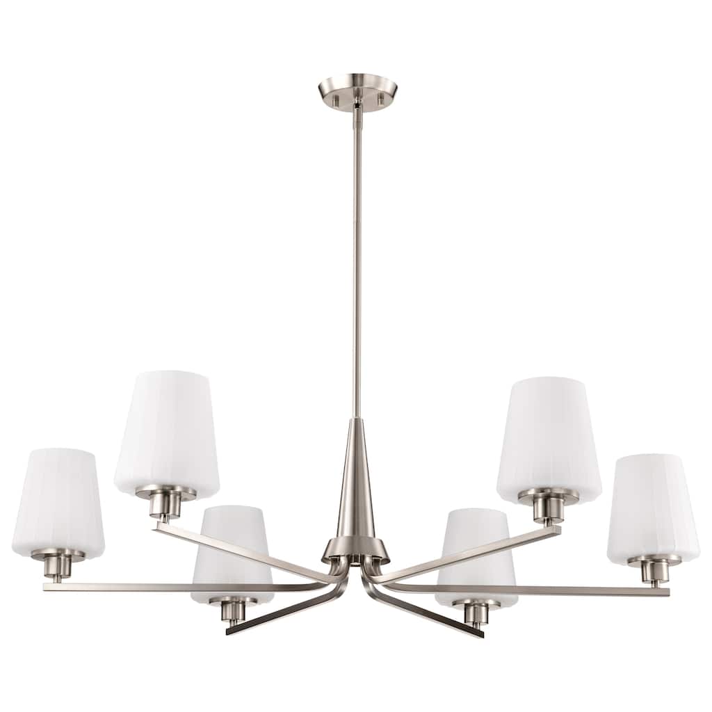 Lune 6 Light Chandelier Brushed Nickel Finish Etched White Glass - Brushed Nickel