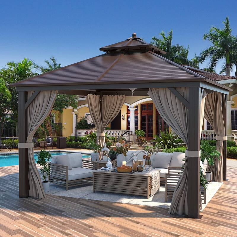 Outdoor Pro Series Galvanized Steel Hardtop Patio Gazebo Pergola w/Aluminum Frame, Prime Curtains and nettings include