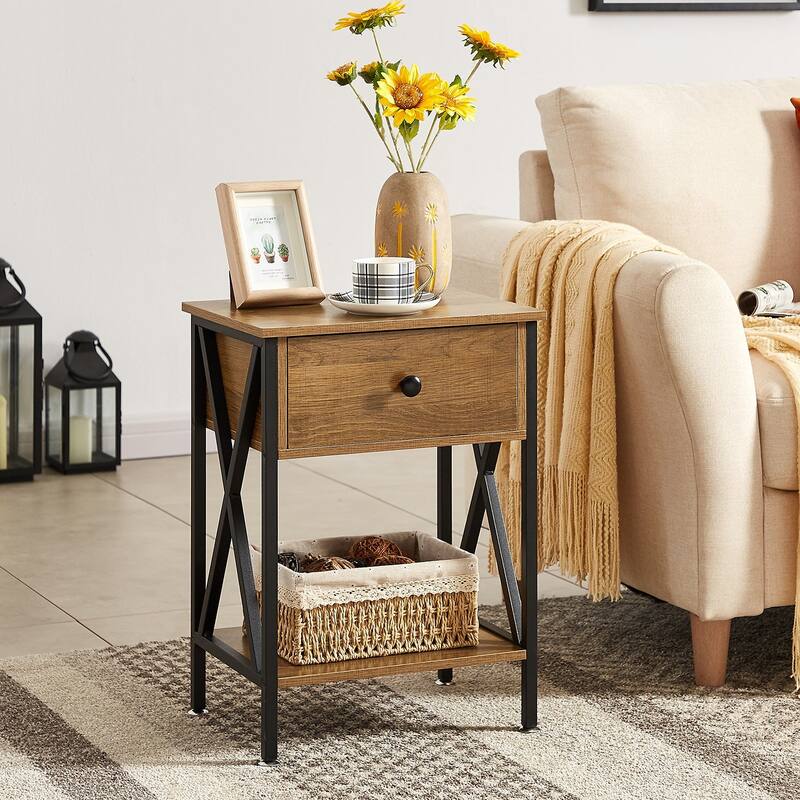 Javlergo Nightstand with 1-Drawer and Storage Shelf, End Table Bedside Table for Bedroom, Livigng room - Walnut