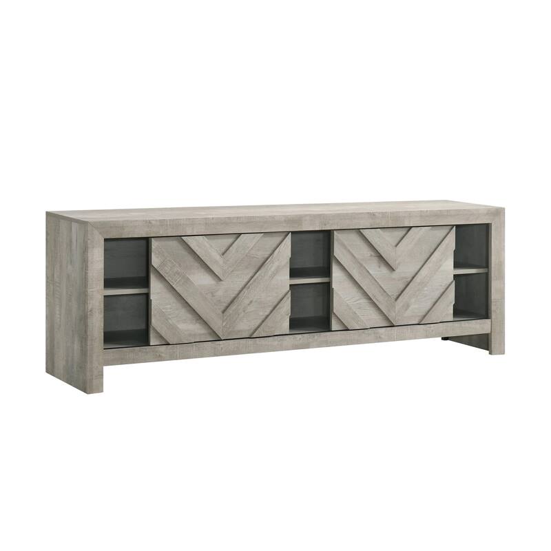 Velz TV Media Stand Console, 2 Chevron Doors, Open Shelves, Beige