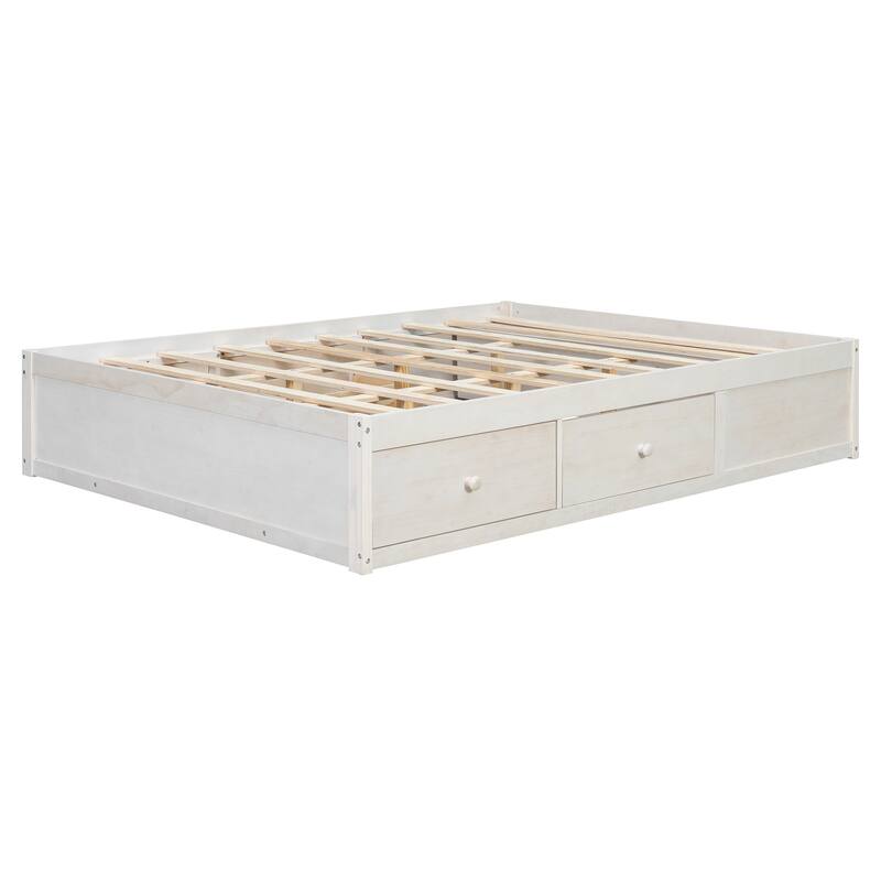 Queen Size Platform Bed Open Frame with Footboard Storage and 4 Drawers