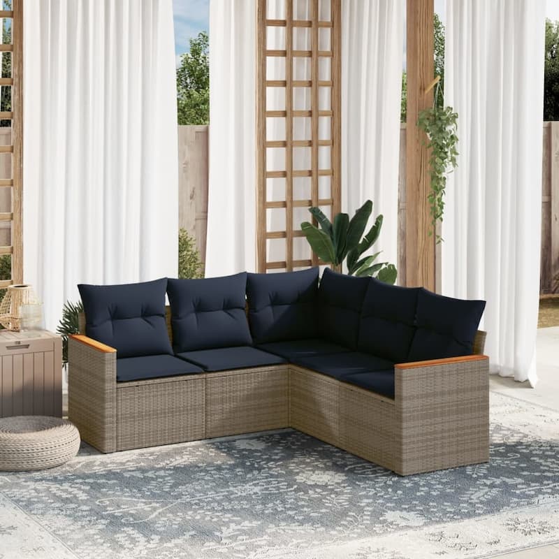 vidaXL Patio Sofa Set with Cushions Outdoor Conversation Furniture Poly Rattan - 24.4x 24.4x 27.2 - Grey and Blue-Without table