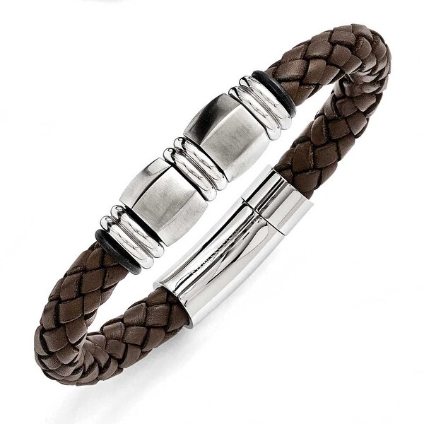 Chisel Stainless Steel Polished/Brushed Brown Leather Black Rubber Bracelet