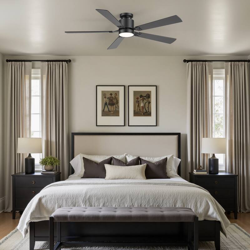 52-Inch Matte Black Flush Mount Ceiling Fan with RGB LED Light and Voice Control((5 Reversible Blades)
