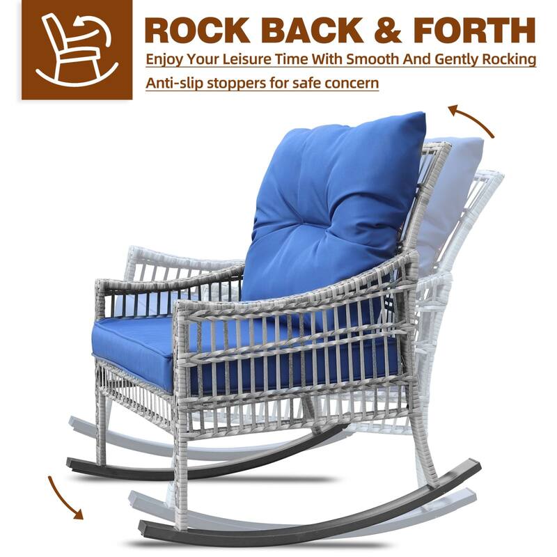 VEIKOUS 3-Piece Outdoor Wicker Patio Porch Rocking Chair and Rattan Coffee Table Set with Cushions and Pillows