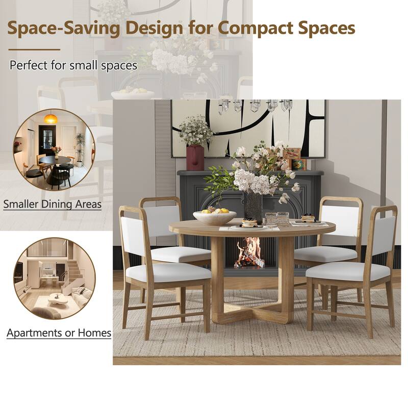 5-Piece Retro Dining Set, Round Table Top with Radial Wood Grain Design and 4 Upholstered Chairs for Dining Room and Kitchen