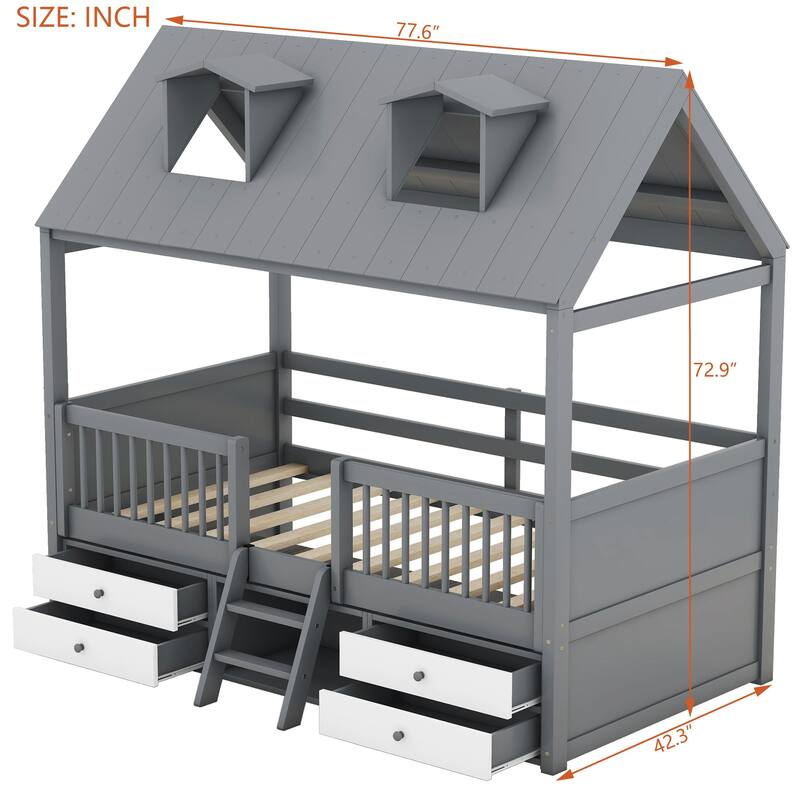 Twin Size Wood Bed House Bed Frame, 77.6''L x 42.3'' W x72.9'' H