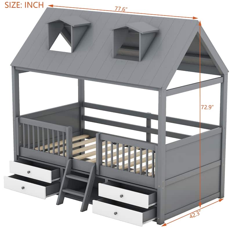 Twin Size Wood Bed House Bed Frame w/ Ladder, Safety Guard Rails, White