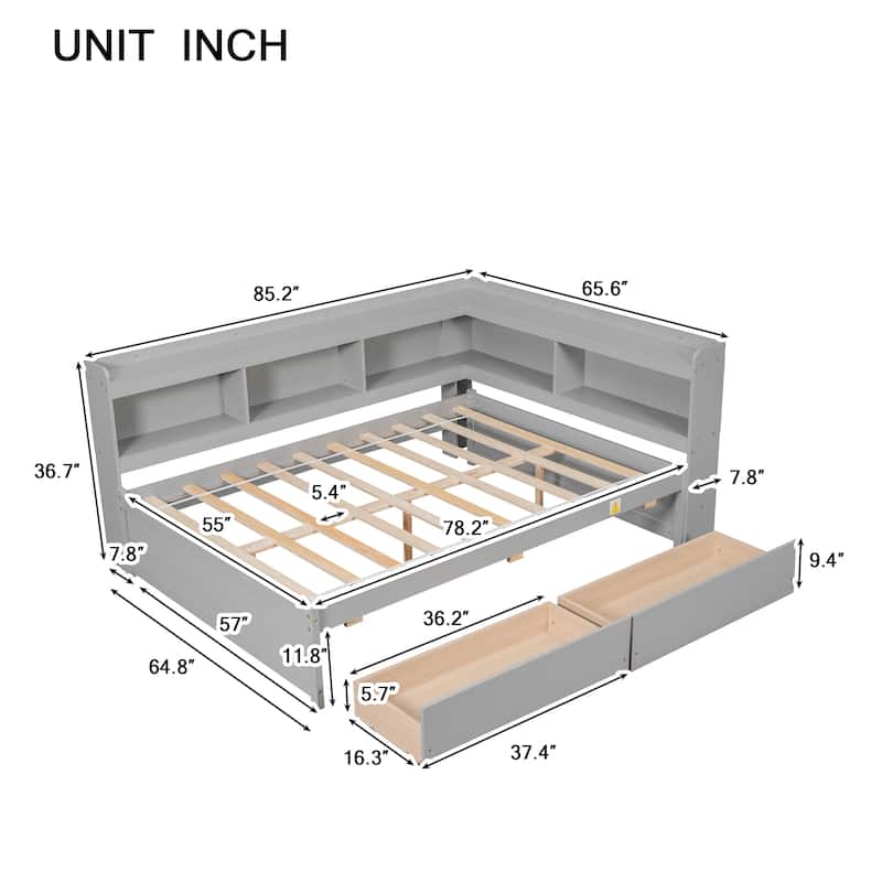 Full Bed with L-shaped Bookcases for bedroom, Drawers