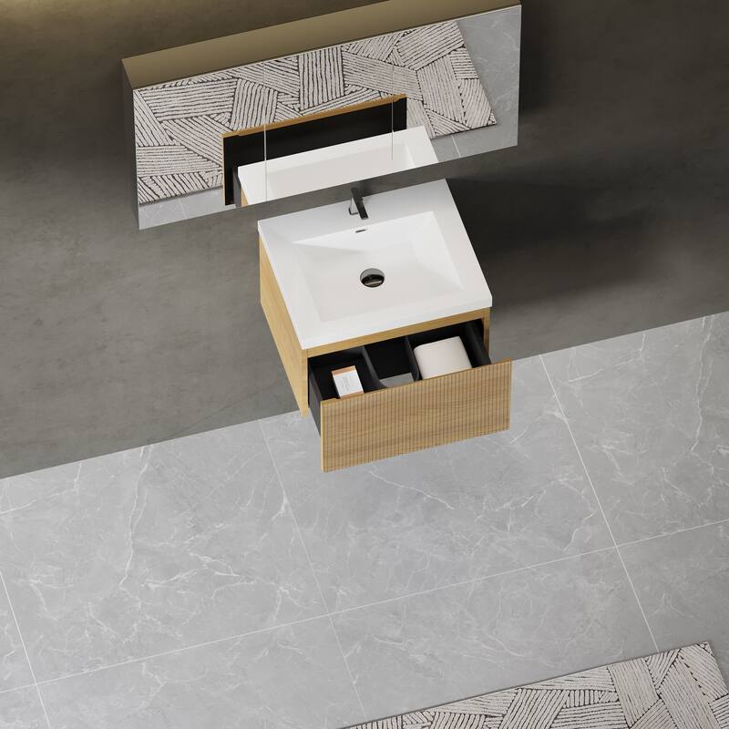 24'' Floating Bathroom Vanity with Sink Combo,Wall-Mounted Striped Bathroom Storage Cabinet with Drawer and Solid Surface Basin