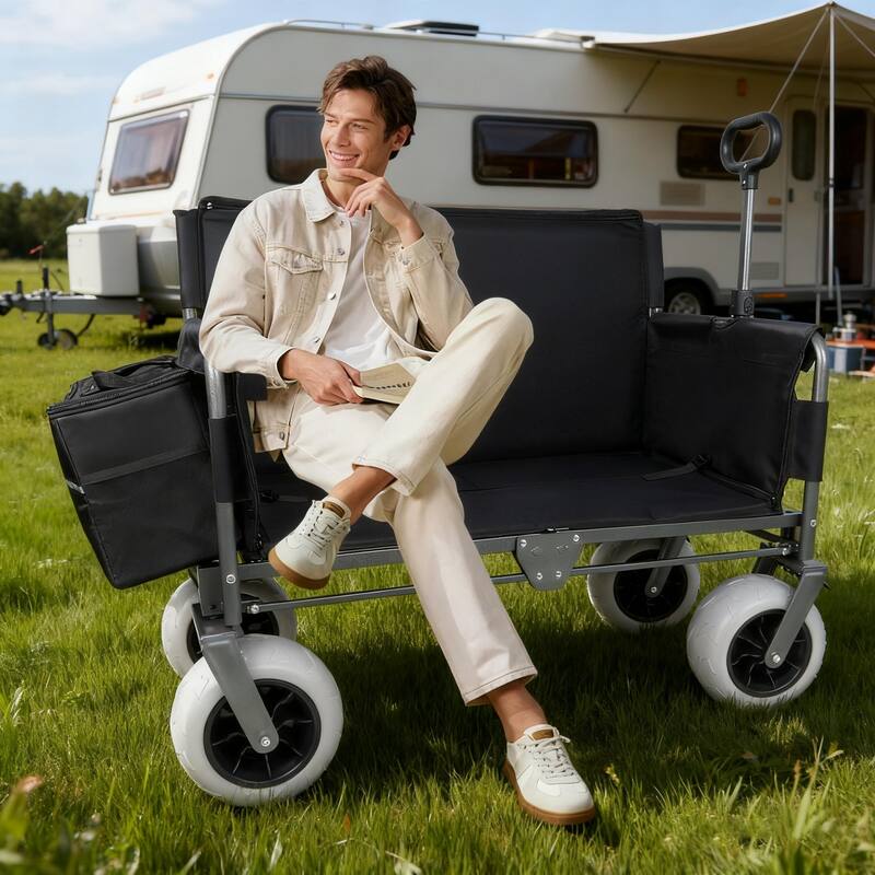 3-in-1 Heavy-Duty Folding Wagon Cart with Bench Seat & Storage, patent protection-Includes 1 ice pack, 500lbs, 180L Capacity