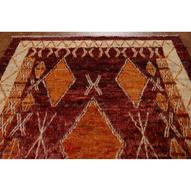 Hand Knotted Oriental 100% Wool Carpet Modern Tribal Red Moroccan Area Rug - 9' 10'' X 6' 10''