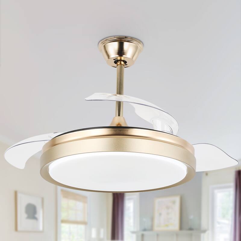 Cusp Barn 42-In Retractable Ceiling Fan with Remote Control Modern 3-Blade CCT LED Dimmable Lighting - Gold.