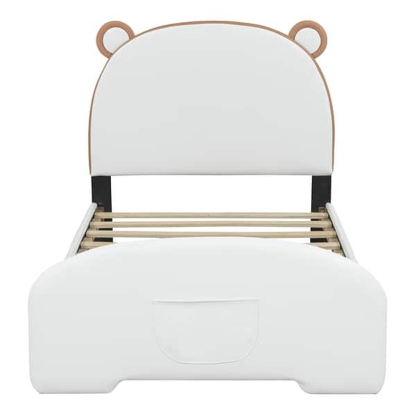 slide 2 of 16, Bear-Style Upholstered Twin Bed with Storage Pocket and Slat Support White