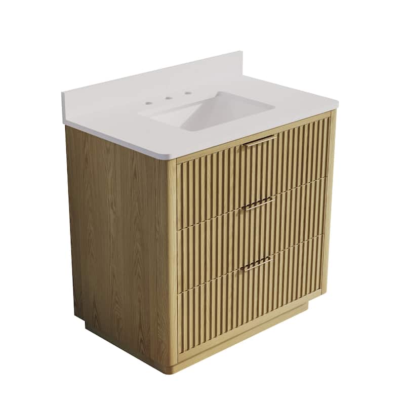 35''H Solid Wood Bathroom Vanity With Stain-resistant Carrera White Quartz Top and Sink