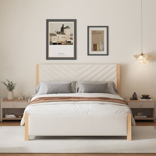slide 2 of 8, Modern Mid-Century Queen Size Upholstered Platform Bed Frame with Tufted Headboard and Solid Wood Legs, Beige Beige