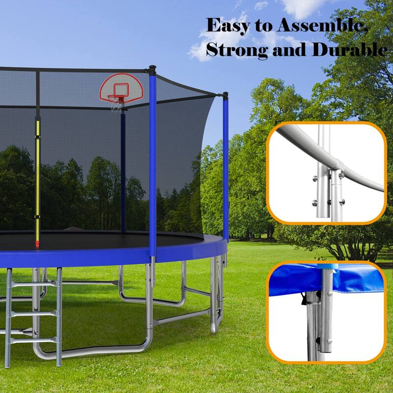 Outdoor Kids Trampoline with Basketball Hoop and Ladder, with Safety Enclosure for Backyard Fun