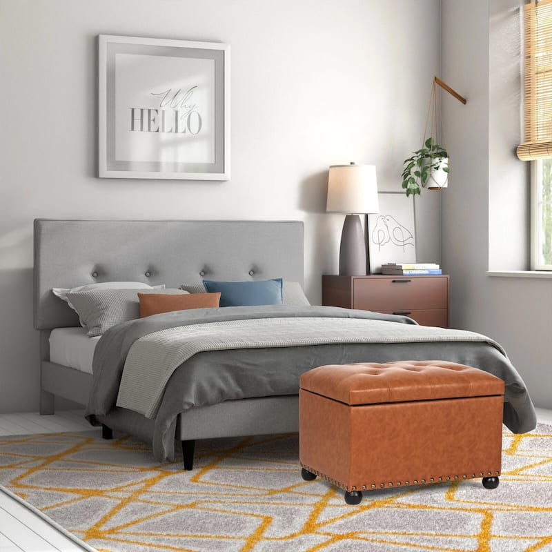 Adeco Tufted Bottom Bonded Leahter Brown Rectangle Storage Ottoman