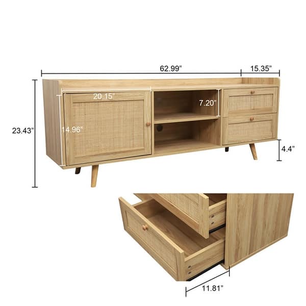 Rattan-Decorated Doors TV Stand with Spacious Cabinets and Adjustable ...