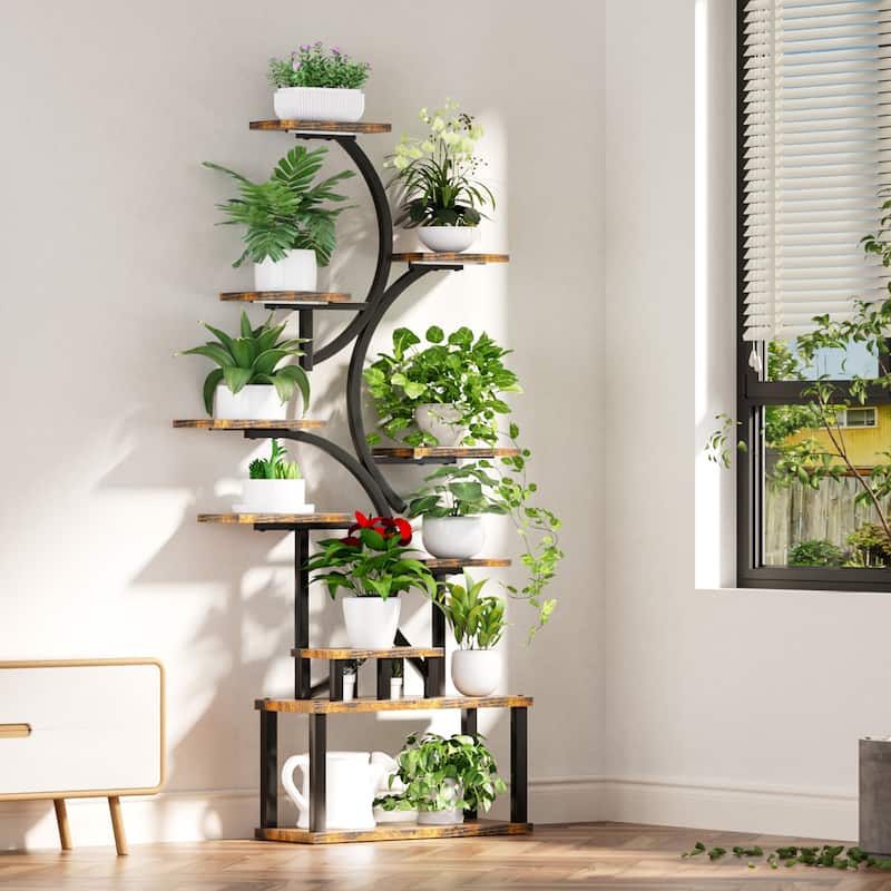 68.5 in. H Brown S-shaped MDF Indoor Plant Stand with 5 Grow Lights 10 Tiered Tall Plant Shelf 10-Level Stepless Dimming