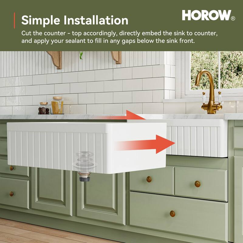 HOROW 33in. Farmhouse/Apron-Front Single Bowl White Fireclay Workstation Kitchen Sink w/Cutting Board,Bottom Grid and Strainer