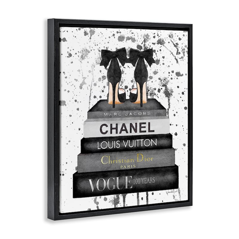 Stupell Glam Fashion Book Stack Grey Bow Pump Heels Ink Floater Frame - Black