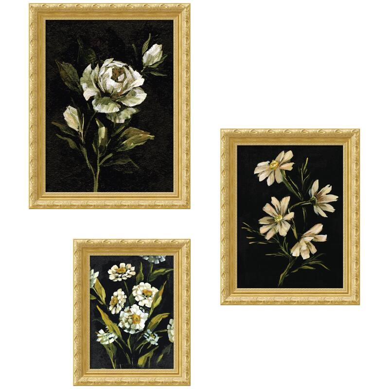 Kate and Laurel Moody Whites Floral No. 2 3 Piece Framed Wall Art Print Set by Annie Quigley - 3 Piece Set 22x28/19x24/16x20 - Gold