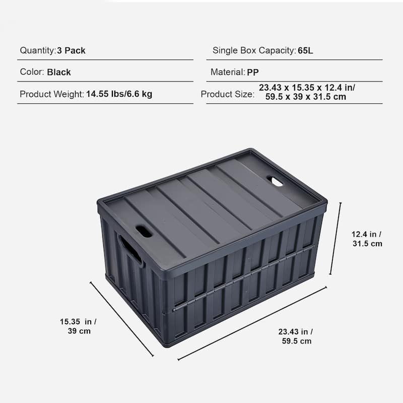 Collapsible Storage Bins with Lids, Folding Plastic Stackable Utility Crates with Handles, Large Heavy Duty Containers