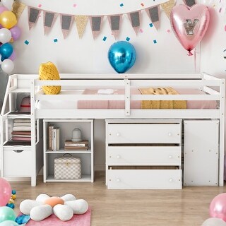 Modern Full Size Loft Bed With Retractable Writing Desk,3 Drawers,Storage Stairs and Shelves