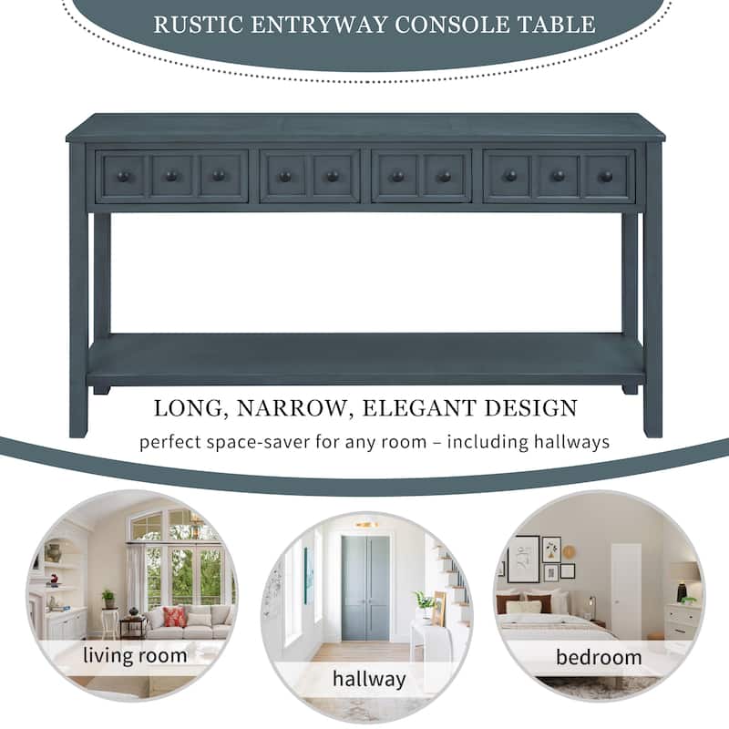 Entryway Console Table with 2 Different Size Drawers, 60" Long Solid Wood Sofa Table, Bottom Shelf and Wide Desktop