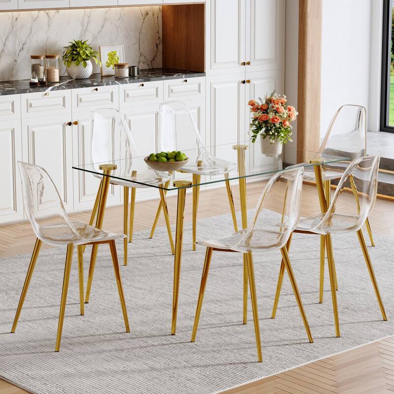 Modern Luxurious Rectangular Tempered Glass Dining Table Set- with 6 Transparent Plastic Chairs with Gold Metal Legs