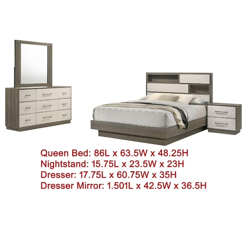 Fene 4pc Queen Bedroom Set, Gray, Brown, Built In Headboard Bookcase