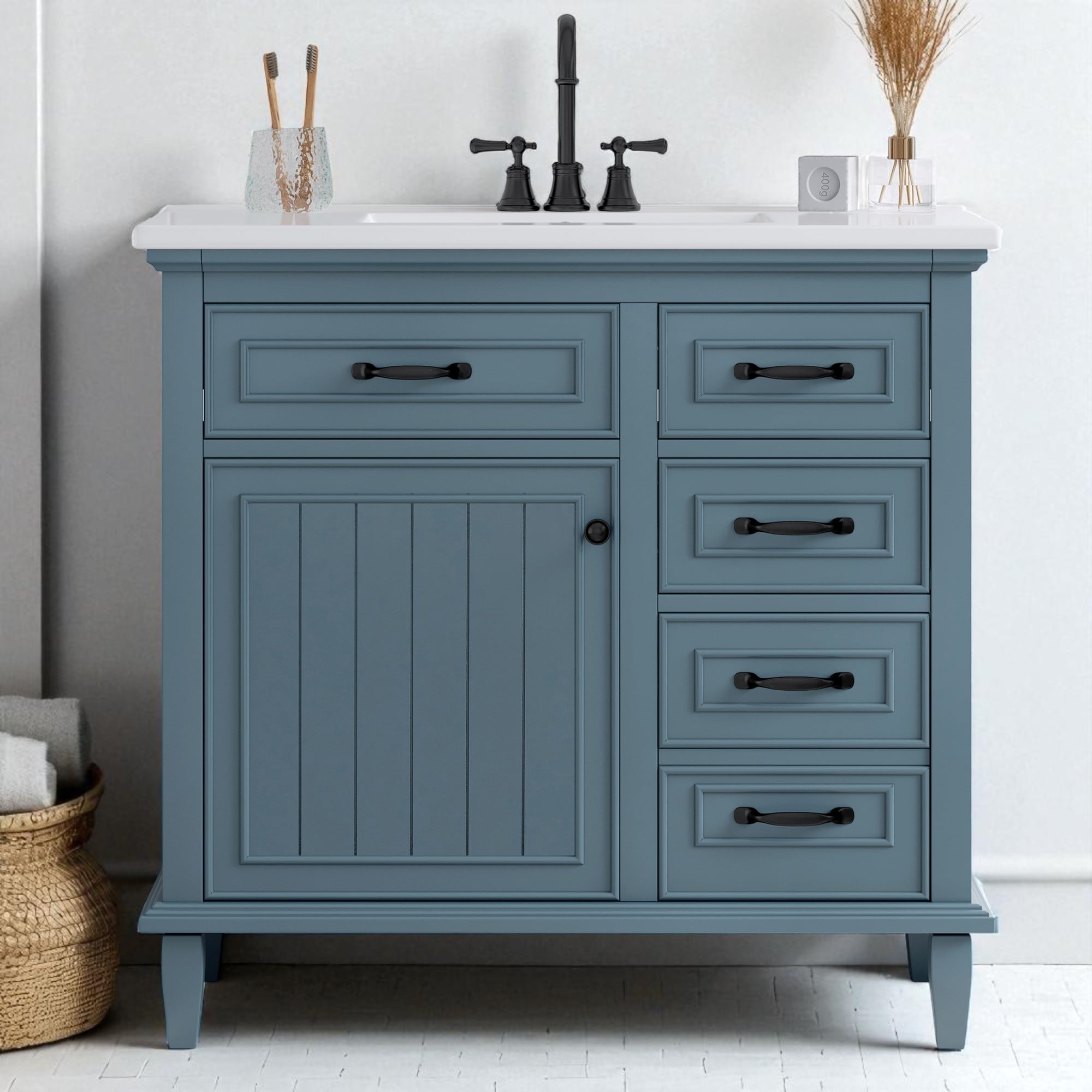 36" Bathroom Vanity with Ceramic Sink, 4 Drawers, Adjustable Shelf & Soft-Close Door, Solid Wood & MDF Freestanding Cabinet