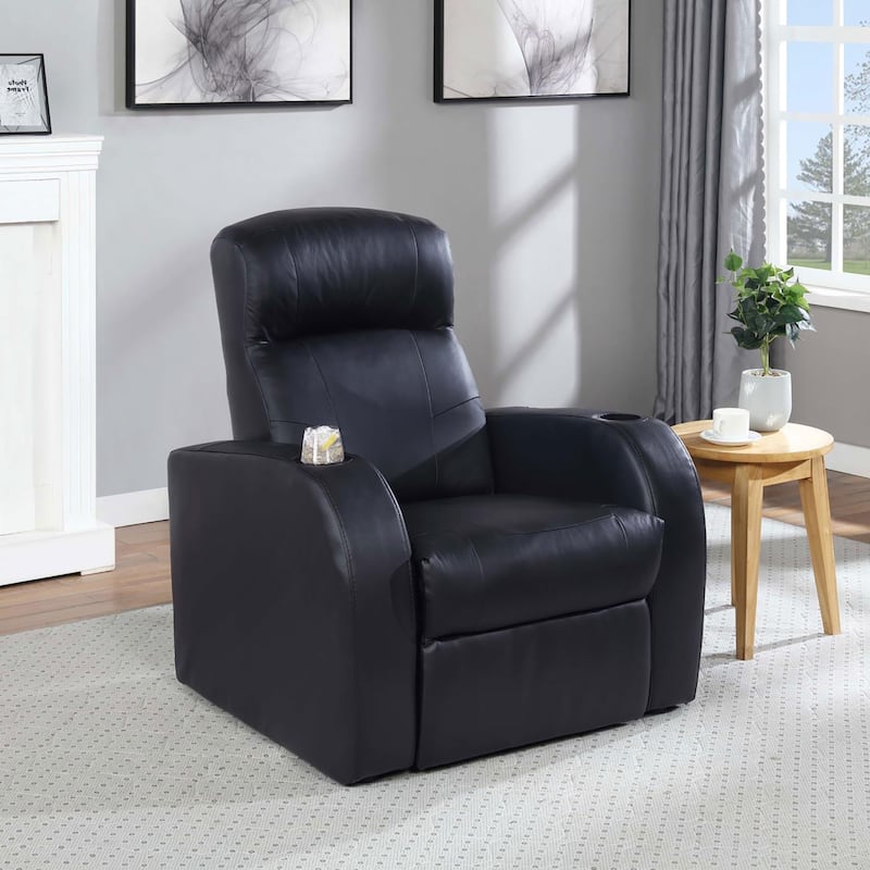 Black Genuine Leather Recliner with Cup Holders - Black