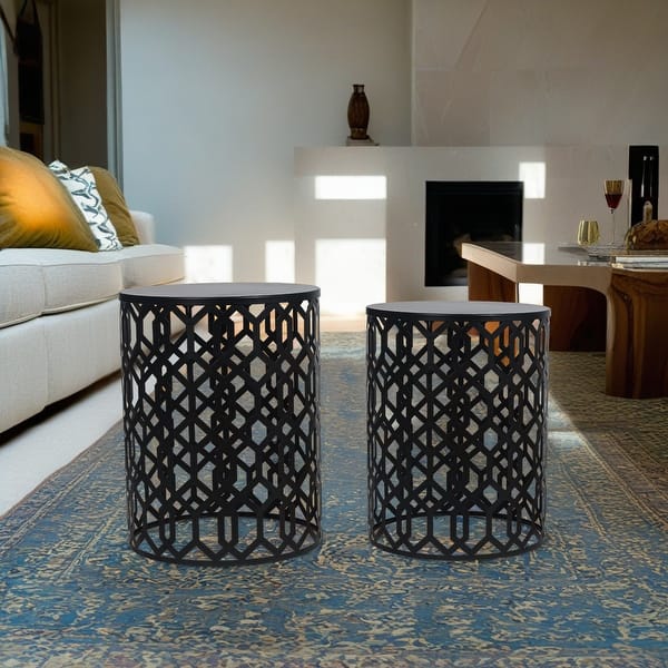 slide 2 of 7, Adeco Set of 2 Round Metal Nesting Side End Tables Set - set of 2 Black-Geometric Patterns