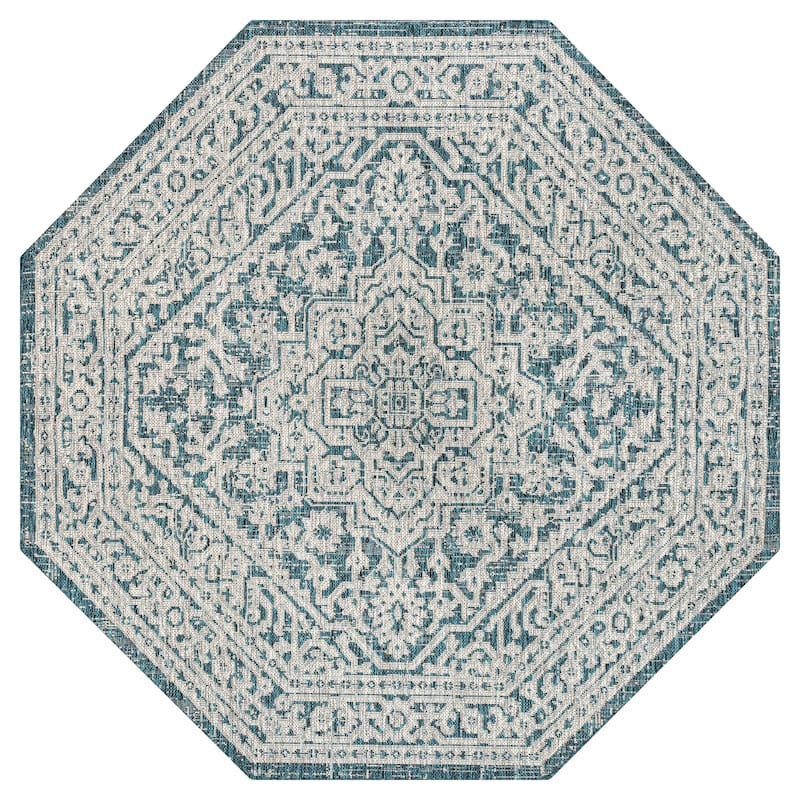JONATHAN Y Rozetta Medallion Textured Weave Indoor/Outdoor Area Rug - 8'Octagon - Teal Blue/Gray