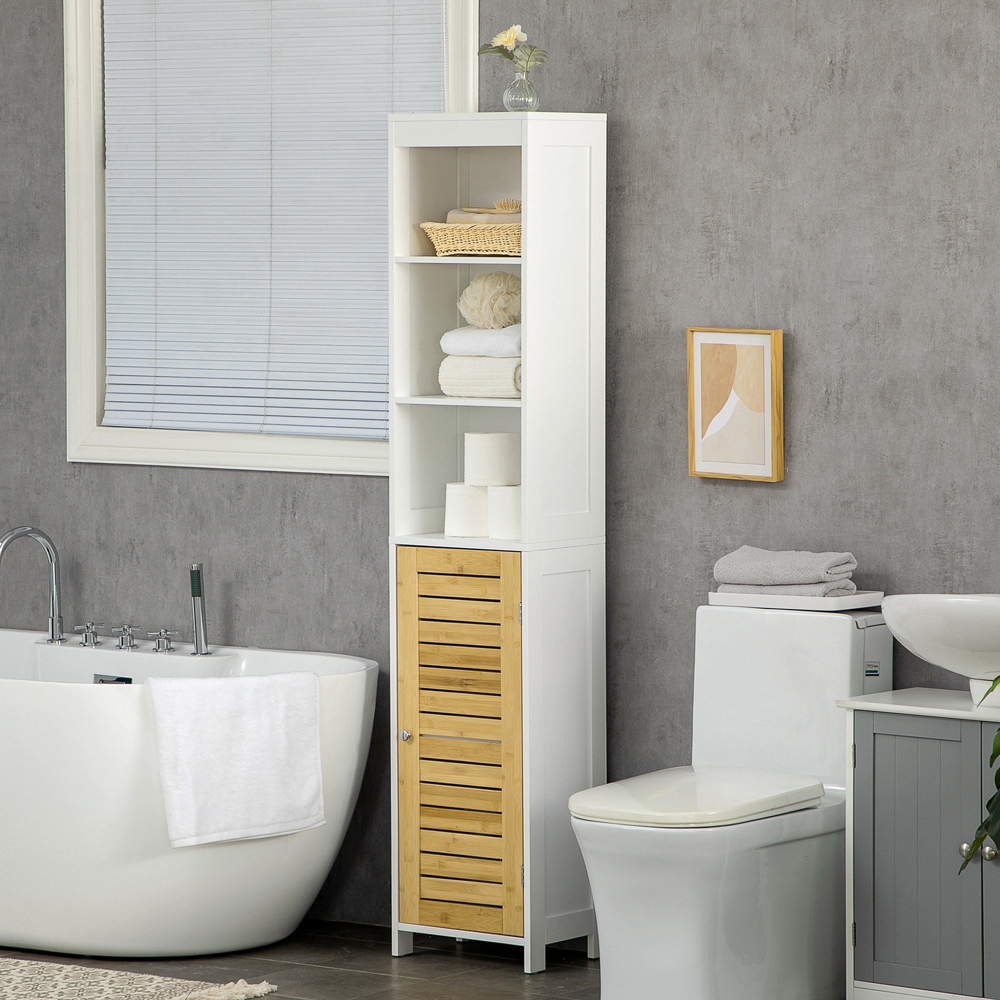 https://ak1.ostkcdn.com/images/products/is/images/direct/676ecb624a8dc0bd10185f9f64327f90e99d0ae0/kleankin-Tall-Bathroom-Storage-Cabinet%2C-Free-Standing-Bathroom-Cabinet-Slim-Side-Organizer-w--3-Tier-Shelf%2C-Bamboo-Door%2C-White.jpg