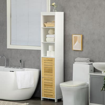 kleankin Tall Bathroom Storage Cabinet, Free Standing Bathroom Cabinet Slim Side Organizer w/ 3-Tier Shelf, Bamboo Door, White