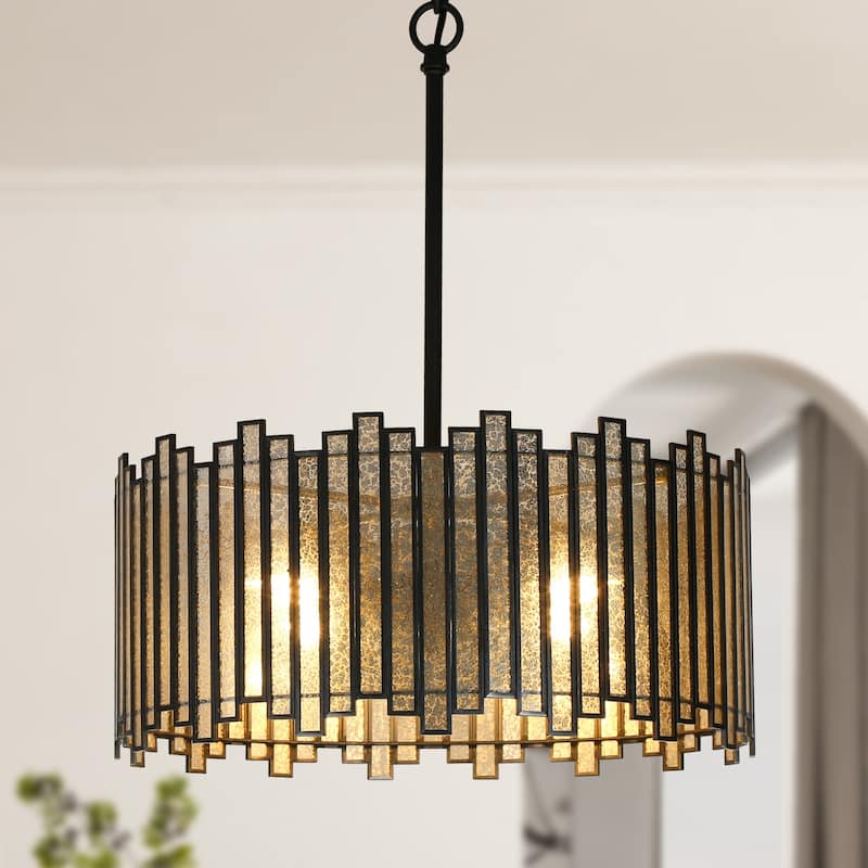 Modern 4-Light Drum Colored Glass Chandelier for Dining Room Bedroom