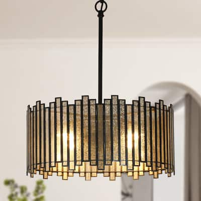 Modern 4-Light Drum Chandelier Colored Glass Pendant for Dining Room Bedroom