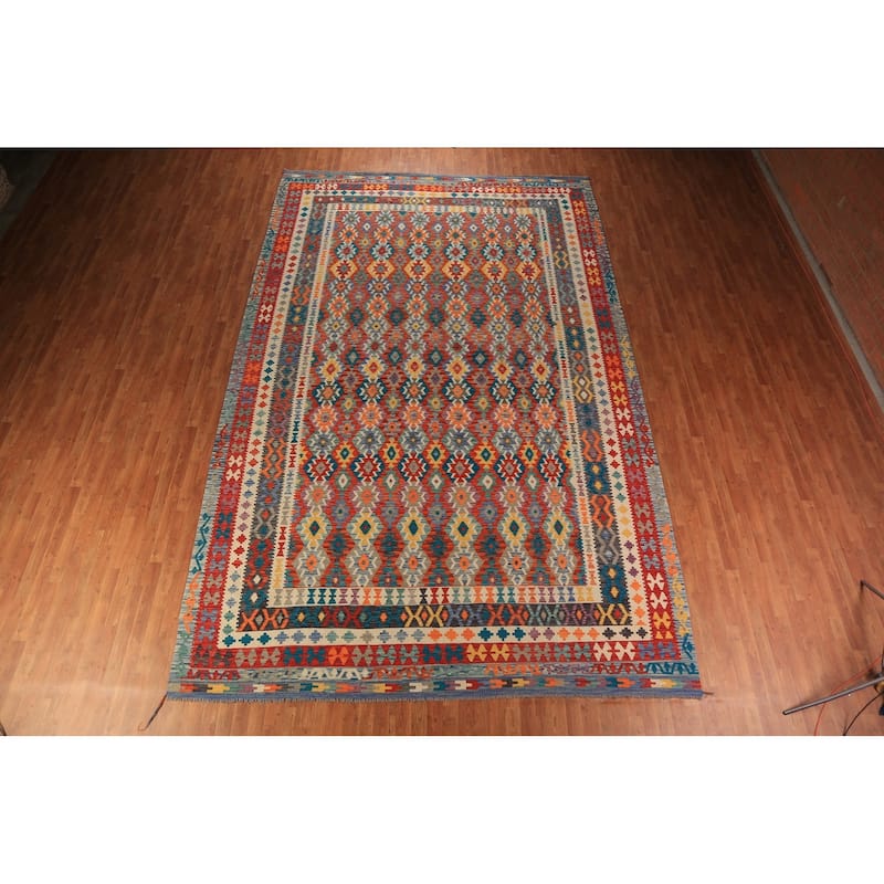 All-Over Geometric Kilim Oriental Large Rug Flatweave Wool Carpet - 10'0"x 15'9"