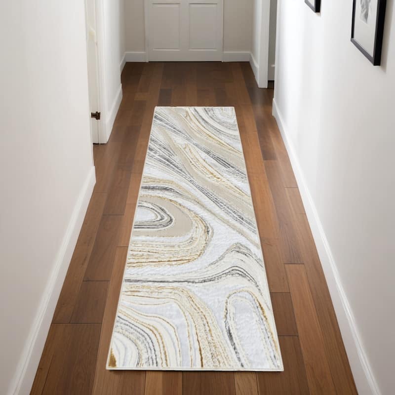 Duze Power Loomed Abstract Modern Non Skid Stain Resistant Area Rug By HomeRoots - 90' X '27' X '0.39 - 90' X '27' X '0.39 - Gold - Runner