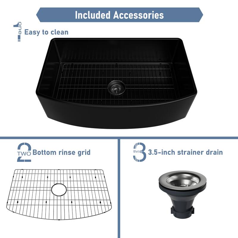 All-in-One Curved Design Single Bowl Farmhouse/Apron-Front Fireclay Kitchen Sink with Pull Down Kitchen Faucet and Accessories