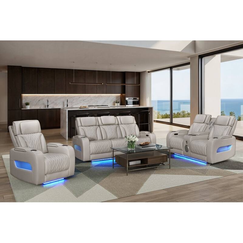 Jazz Leather Aire Power Reclining Living Room Set w/Pwr Headrest, BT Speakers, LED, Wireless Chrg Drop Tbl, USB, Strg & Cuphldrs